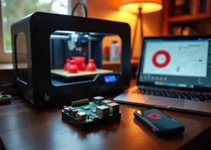 Raspberry Pi с OctoPrint рядом с 3D-принтером и веб-интерфейсом на смартфоне
