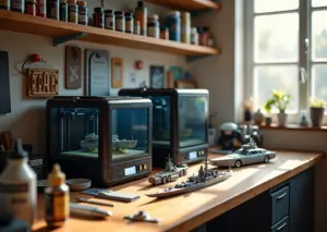 Фотография рабочего уголка моделиста с FDM и смоляным 3D‑принтером на столе и печатными моделями самолёта машины и корабля рядом с инструментами для обработки и покраски