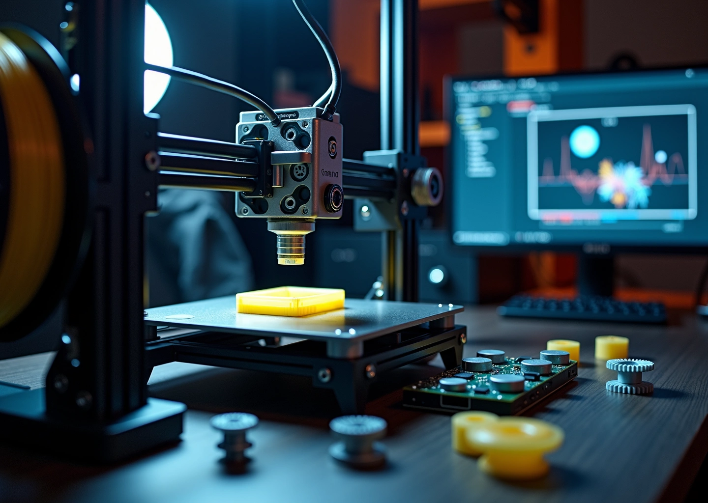 Домашний 3D‑принтер в работе с видимой печатающей головкой, катушкой филамента и экраном с Klipper — иллюстрация высокоскоростной печати