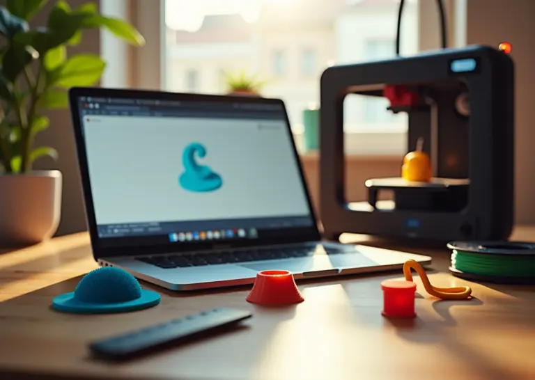 Фотография домашнего рабочего места с открытым Tinkercad на ноутбуке, рядом напечатанные на 3D‑принтере держатель для телефона, органайзер и катушки филамента.