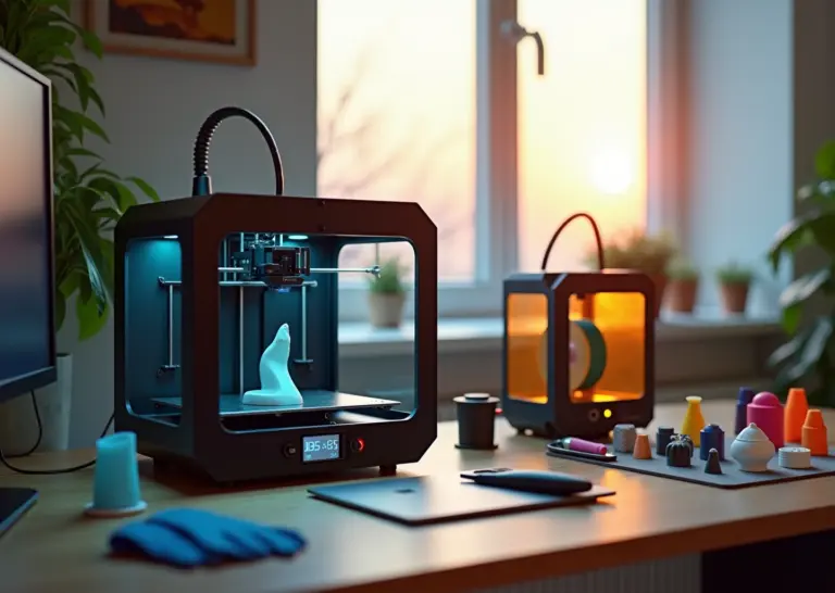 Стол в домашней мастерской с современным FDM‑принтером и смоляным принтером, катушки филамента и напечатанные предметы быта, инструменты и средства безопасности