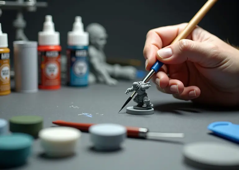 Рабочее место с 3D‑моделями, кистями, аэрографом и банками краски — процесс покраски миниатюры