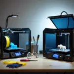 Домашняя мастерская с FDM и SLA 3D‑принтерами, готовые распечатки и средства безопасности на столе