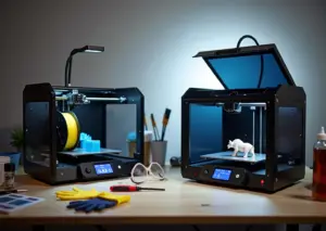Домашняя мастерская с FDM и SLA 3D‑принтерами, готовые распечатки и средства безопасности на столе