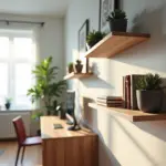 3D‑печатные настенные крепления и полки в интерьере, на заднем плане 3D‑принтер и катушки филамента