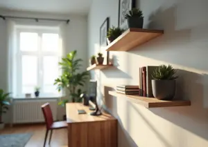 3D‑печатные настенные крепления и полки в интерьере, на заднем плане 3D‑принтер и катушки филамента