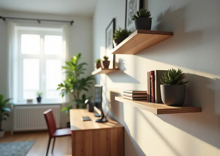 3D‑печатные настенные крепления и полки в интерьере, на заднем плане 3D‑принтер и катушки филамента