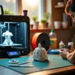 Домашняя мастерская косплеера: 3D‑принтер, наполовину готовая печатная броня, инструменты и косплеер, примеряющий наплечник