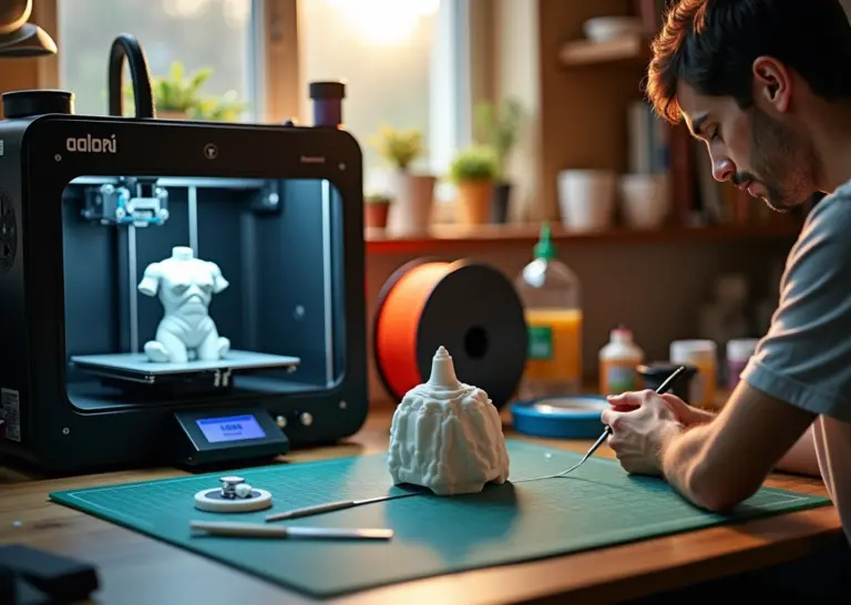 Домашняя мастерская косплеера: 3D‑принтер, наполовину готовая печатная броня, инструменты и косплеер, примеряющий наплечник