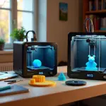 Два бюджетных 3D‑принтера Kingroon KP3S Pro S1 и Flying Bear Ghost 6 на рабочем столе в домашней мастерской, рядом распечатанные детали, катушки филамента и ноутбук с слайсером.