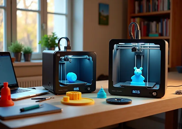 Два бюджетных 3D‑принтера Kingroon KP3S Pro S1 и Flying Bear Ghost 6 на рабочем столе в домашней мастерской, рядом распечатанные детали, катушки филамента и ноутбук с слайсером.