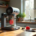 Домашняя мастерская: 3D‑принтер печатает пластиковую шестерёнку рядом с разобранным кухонным прибором и инструментами