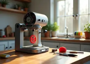 Домашняя мастерская: 3D‑принтер печатает пластиковую шестерёнку рядом с разобранным кухонным прибором и инструментами