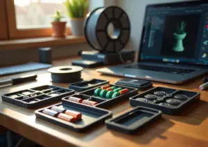 Фотография 3D‑печатных органайзеров на столе: лотки для AA/AAA, держатель для 18650, кейс для SD/microSD и коробка для монетных батареек, на фоне 3D‑принтера и катушки PETG.