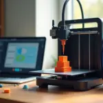 Домашний 3D‑принтер печатает, на платформе калибровочный куб и модель Benchy, рядом катушка PLA и инструменты для настройки