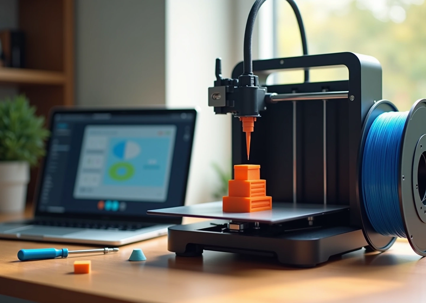 Домашний 3D‑принтер печатает, на платформе калибровочный куб и модель Benchy, рядом катушка PLA и инструменты для настройки