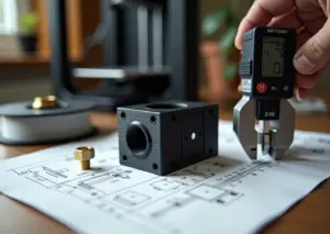 Домашняя рабочая область с 3D‑принтером, напечатанными деталями, штангенциркулем и латунной резьбовой вставкой на столе