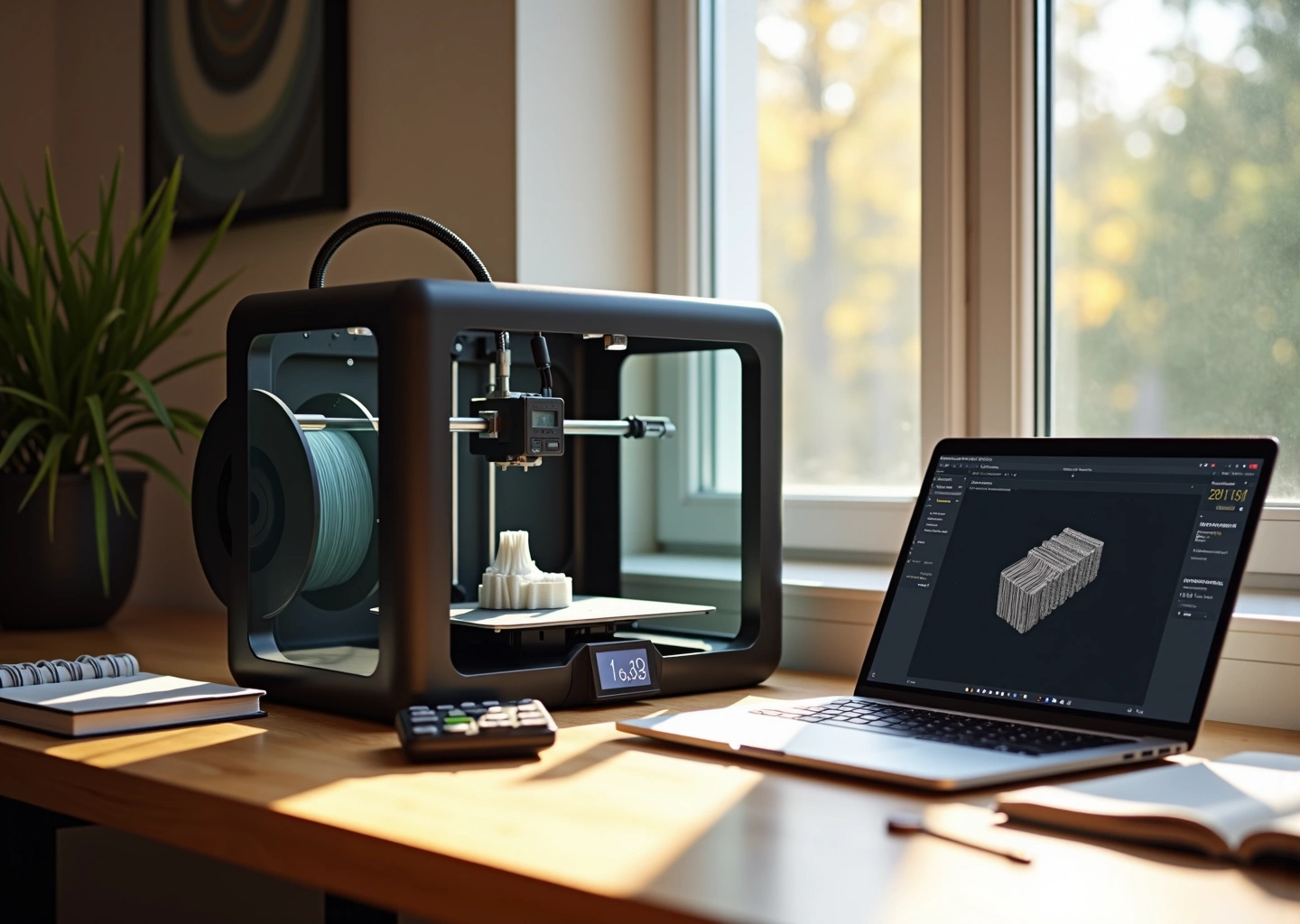 Домашняя мастерская с 3D‑принтером, ноутбуком со слайсером, катушкой филамента и калькулятором на столе