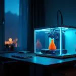 Домашний 3D‑принтер в закрытом корпусе ночью с очистителем воздуха, датчиком дыма и камерой для удалённого мониторинга