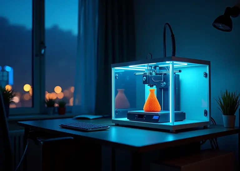 Домашний 3D‑принтер в закрытом корпусе ночью с очистителем воздуха, датчиком дыма и камерой для удалённого мониторинга