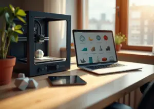 Домашняя мастерская с 3D‑принтером, ноутбуком с библиотекой STL‑моделей и несколькими отпечатанными деталями