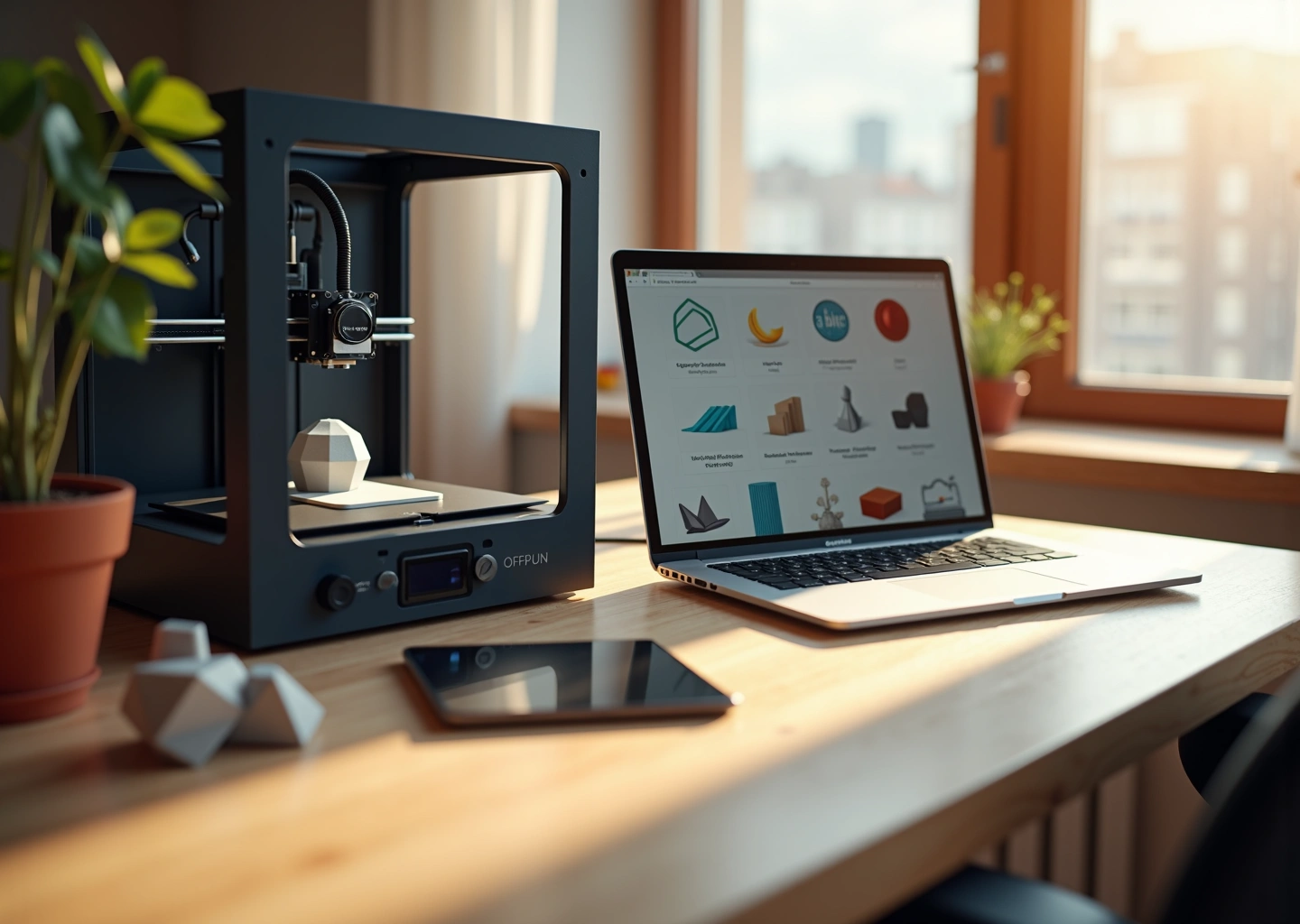 Домашняя мастерская с 3D‑принтером, ноутбуком с библиотекой STL‑моделей и несколькими отпечатанными деталями