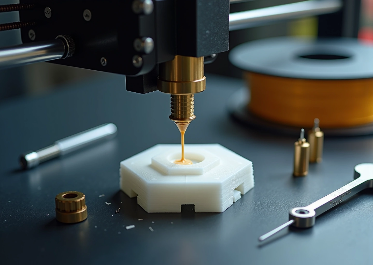 Настольный FDM‑принтер крупным планом: видны пропуски слоёв на печатаемой детали, сопло, филамент и инструменты для чистки.