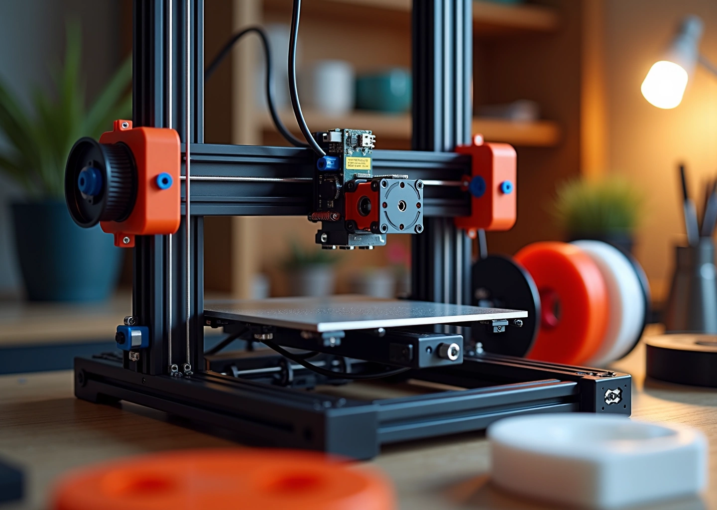 Creality Ender 3 с видимыми апгрейдами: PEI пластина, автолевеллер, металлический экструдер и улучшенная электроника на столе домашней мастерской