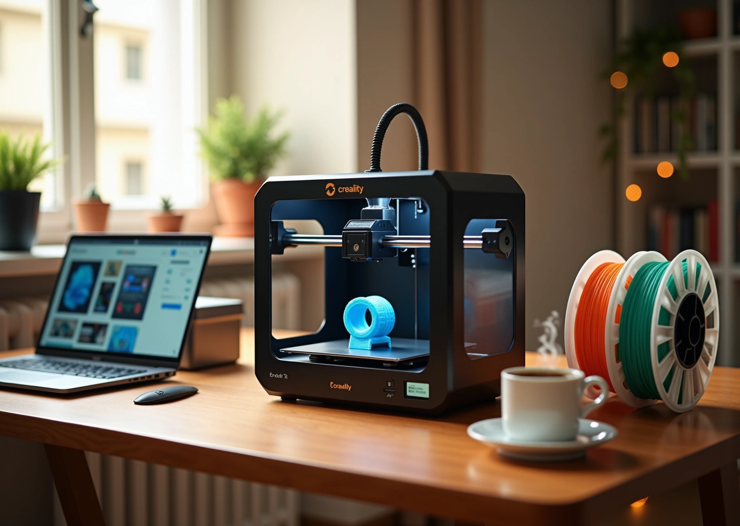 Creality Ender 3 V3 SE на домашнем столе: принтер печатает изделие, рядом катушки филамента и ноутбук
