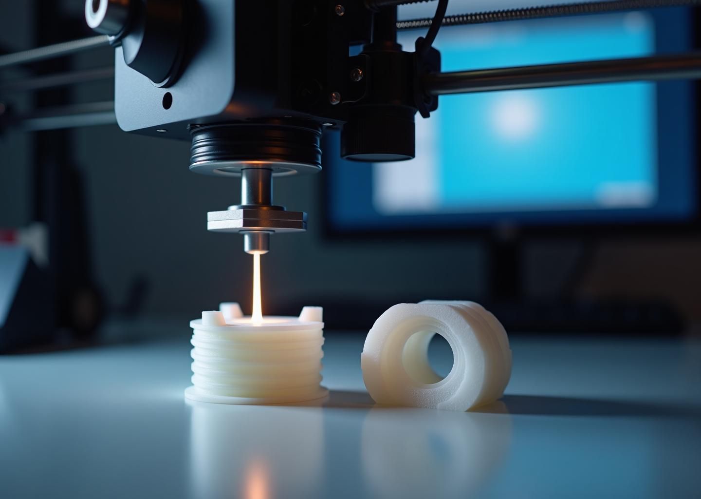 Крупный план печатающей головы 3D‑принтера и две напечатанные детали — одна с паутиной и соплями, другая чистая без нитей; на фоне экран с настройками ретракта